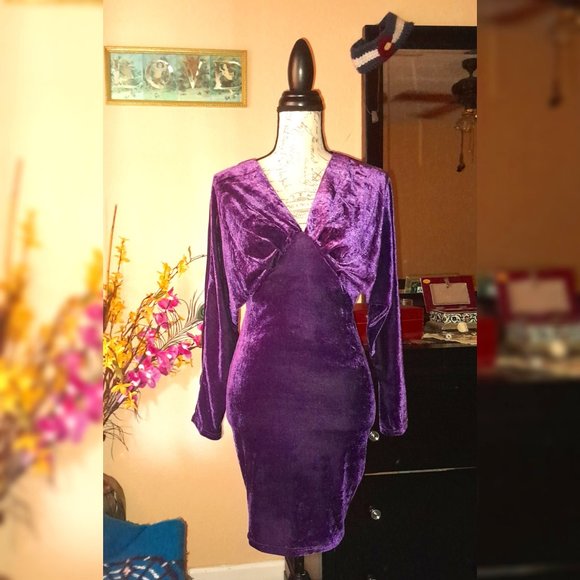 NWT Bridge Violet Velvet Open Back Tie Long Sleeve Zip Dolman Sleeve Party Dress - Picture 1 of 14
